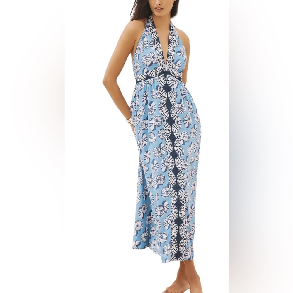 By Anthropologie XS Halter Cutout Midi Dress Maxi Blue Seashells Print. J-13